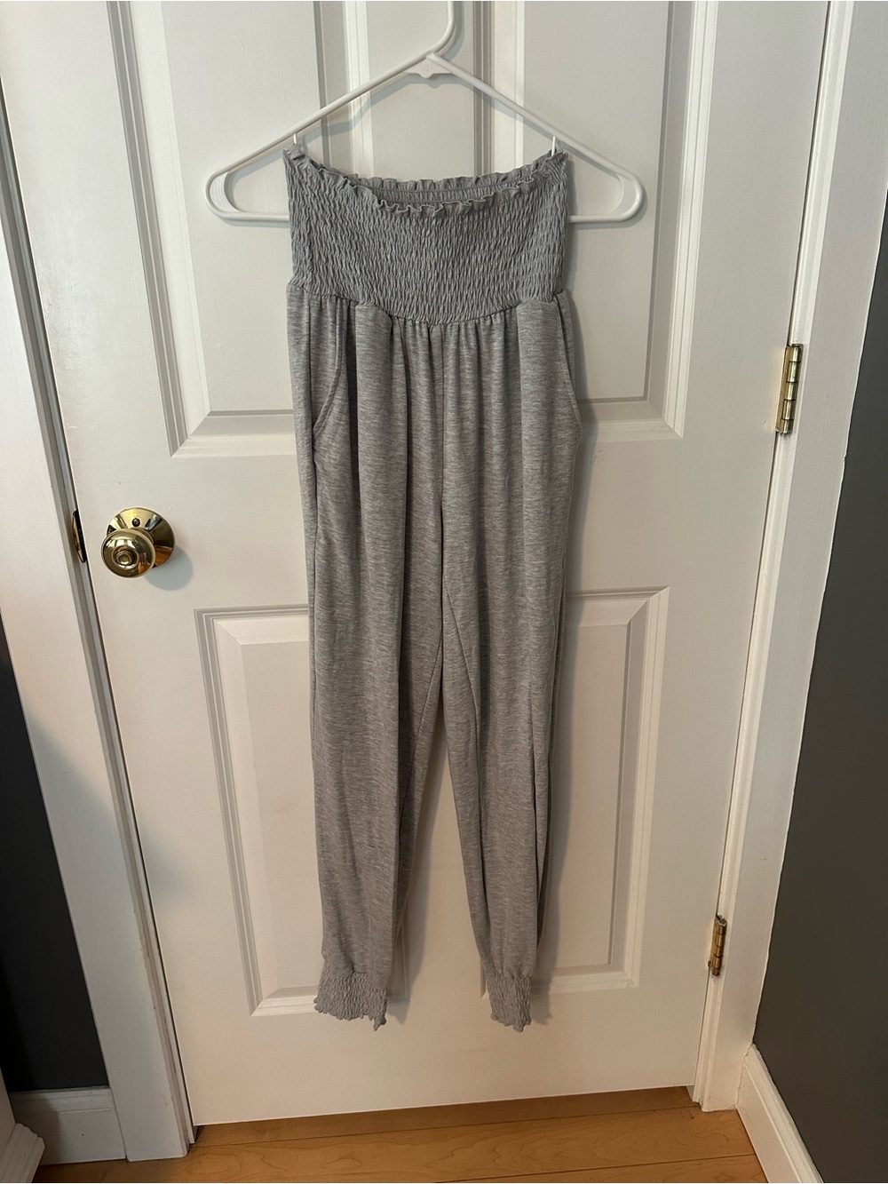 Zenana Outfitters Light Gray Smocked Strapless Jumpsuit